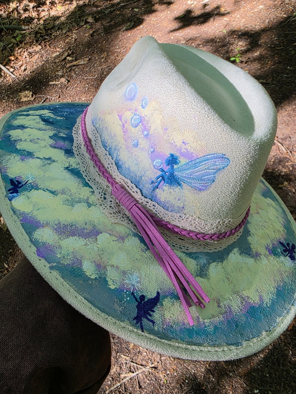 Celestial Fairy Cloud Hand-Painted Vegan Suede Sun Hat with Fairies, Clouds & Dr